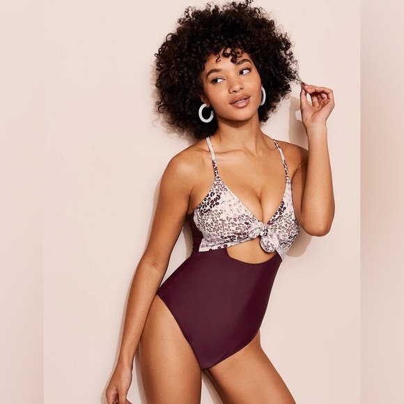 Adore Me Burgundy and White Swimsuit - Picture 1 of 6